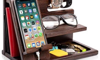 TESLYAR Wood Phone Docking Station Ash Key Holder Wallet Stand Watch Organizer Men Gift Husband Wife Anniversary Dad Birthday Nightstand Purse Father Graduation Male Travel Idea Gadgets (Brown)