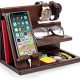 TESLYAR Wood Phone Docking Station Ash Key Holder Wallet Stand Watch Organizer Men Gift Husband Wife Anniversary Dad Birthday Nightstand Purse Father Graduation Male Travel Idea Gadgets (Brown)