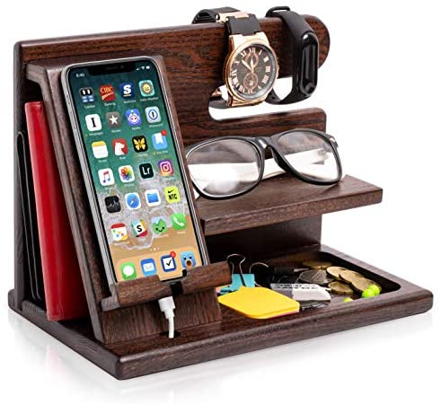 TESLYAR Wood Phone Docking Station Ash Key Holder Wallet Stand Watch Organizer Men Gift Husband Wife Anniversary Dad Birthday Nightstand Purse Father Graduation Male Travel Idea Gadgets (Brown)