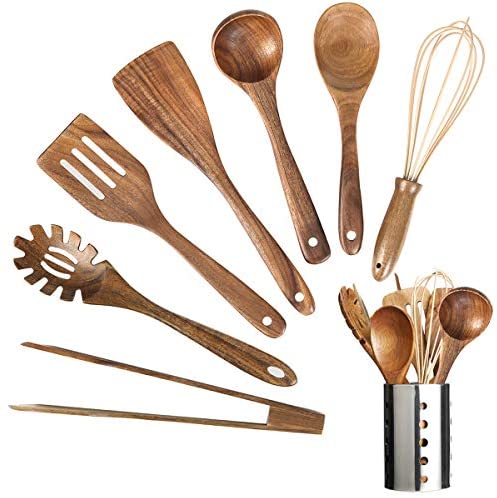 Wooden Kitchen Utensil Set,Wood Utensils Cooking Set Organic Teak Wood Spoons for Cooking,Spatulas Non-Stick for Cookware Kitchen Gadgets (8)
