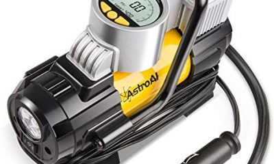 AstroAI Portable Air Compressor Pump, Digital Tire Inflator 12V DC Electric Gauge with Larger Air Flow 35L/Min, LED Light, Overheat Protection, Extra Nozzle Adaptors and Fuse, Yellow