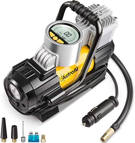 AstroAI Portable Air Compressor Pump, Digital Tire Inflator 12V DC Electric Gauge with Larger Air Flow 35L/Min, LED Light, Overheat Protection, Extra Nozzle Adaptors and Fuse, Yellow