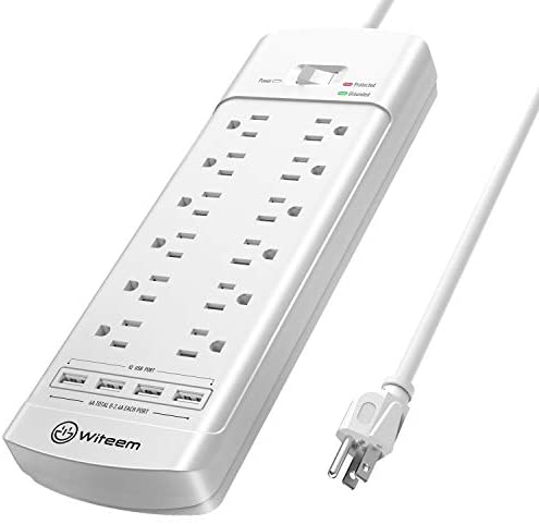 Power Strip, Witeem Surge Protector with 12-Outlet (1875W/15A, 4360Joules) and 4 USB Charging Ports (5V/6A, 30W), 6Ft Extension Cord, Wall Mountable Overload Protection Outlet for Home & Office, White