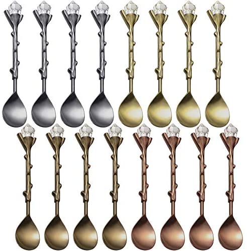 Retro Coffee Tea Mini Ice Cream Dessert Crystal Spoon Tea Spoons Fancy Little Spoons Scoop Crystal Head Stirring Spoons Dessert Ice Cream Scoop for Cafe Home Office Bar Gadgets, 4 Colors (16 Pieces)