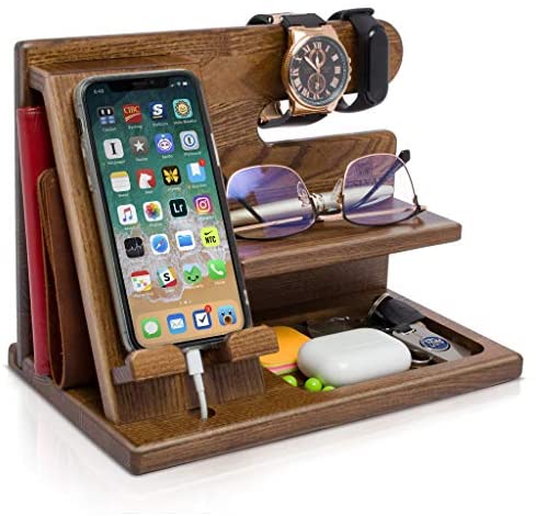 TESLYAR Wood Phone Docking Station Ash Key Holder Wallet Stand Watch Organizer Men Gift Husband Wife Anniversary Dad Birthday Nightstand Purse Father Graduation Male Travel Idea Gadgets (Beige)
