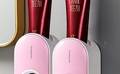 【2021 Upgraded】 2 Pack Automatic Toothpaste Squeezer Wall Mounted Toothpaste Dispenser for Bathroom – Quick Apply, Extra Sturdy, Easy to Clean, Waterproof – Come with 2 Gift Adhesive Hooks (Pink)