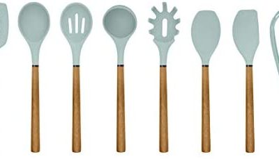 Country Kitchen Silicone Cooking Utensils, 8 Pc Kitchen Utensil Set, Easy to Clean Wooden Kitchen Utensils, Cooking Utensils for Nonstick Cookware, Kitchen Gadgets and Spatula Set - Mint Green