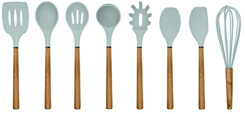 Country Kitchen Silicone Cooking Utensils, 8 Pc Kitchen Utensil Set, Easy to Clean Wooden Kitchen Utensils, Cooking Utensils for Nonstick Cookware, Kitchen Gadgets and Spatula Set - Mint Green