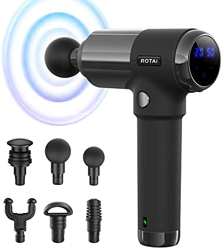 ROTAI Professional Handheld Massage Gun Portable Lightweight Cordless Sore Stiffness Relief Deep Tissue Muscle Massage Therapy 20 Speeds High Intensity Percussion LCD Massager 2000mAH 6 Heads Black