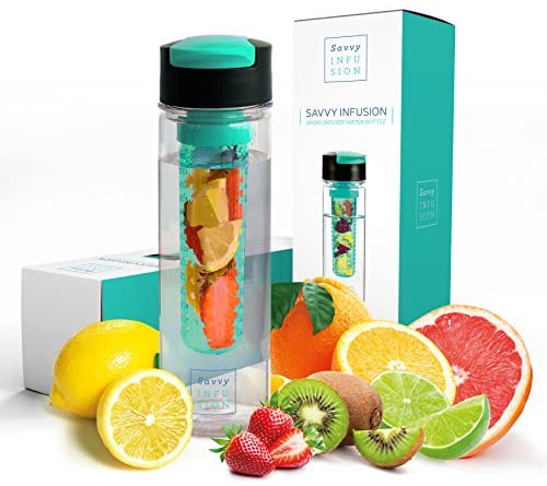 Savvy Infusion Flip Top Fruit Infuser Water Bottle - Unique Leak Proof Lid for Hikes, Outdoors - Dishwasher Safe made with Tritan Shatter Proof Plastic - Great Gifts for Women - 24 Ounces Teal