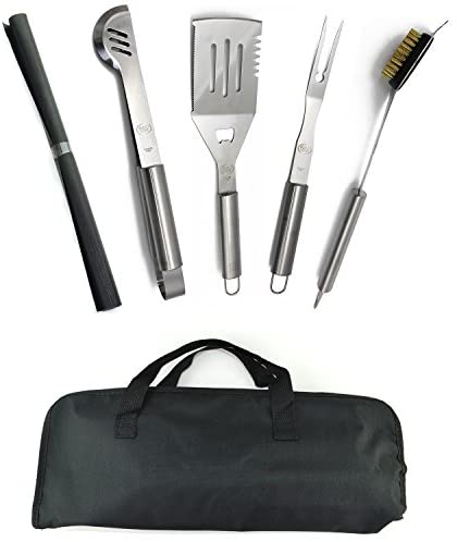 Valdo Home New Stainless Steel BBQ Grill Tools Set - 5 Piece Grilling Tool Accessories Barbecue Kit W/Carry Bag and Silicone BBQ Mat