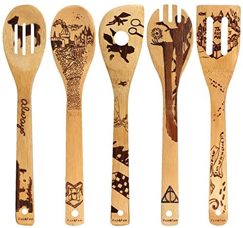 Burned Wooden Utensils Cooking Set Organic Bamboo Slotted Spoons Turners Carved Spatulas for Cookware Kitchen Gadgets
