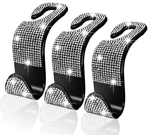 CHIMUYU Car Purse Hook Bling Crystal Car Hooks for Women Girls, 3 Packs Auto Back Seat Hangers Rear Headrest Hooks for Purse Bag Handbag Grocery Clothe (Silver)