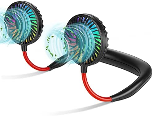 LUWATT Neck Fan with Color Changing LED, Upgraded Version Hands-Free Portable Small USB Personal Mini Neckband Fan 4000mAh Battery Operated Rechargeable Fan for Home Outdoor Camping Sports Black&Red
