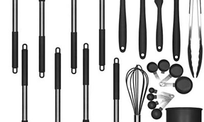 Silicone Cooking Utensils Kitchen Utensils Set 23pcs Stainless Steel Handles Non-Stick BPA-Free Non-Scratch Metal Spatula Measuring Cups & Spoon Kitchen Gadget Best Kitchen Cookware Utensil Black