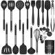 Silicone Cooking Utensils Kitchen Utensils Set 23pcs Stainless Steel Handles Non-Stick BPA-Free Non-Scratch Metal Spatula Measuring Cups & Spoon Kitchen Gadget Best Kitchen Cookware Utensil Black