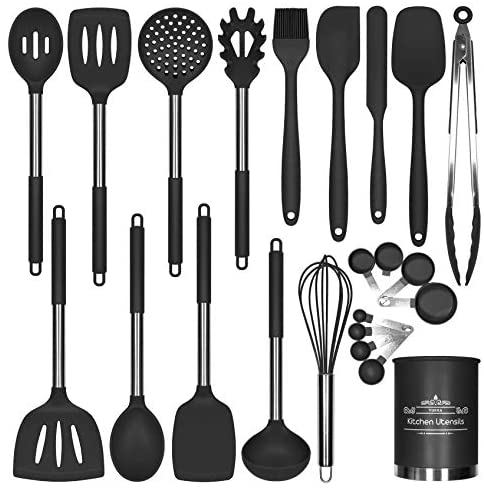 Silicone Cooking Utensils Kitchen Utensils Set 23pcs Stainless Steel Handles Non-Stick BPA-Free Non-Scratch Metal Spatula Measuring Cups & Spoon Kitchen Gadget Best Kitchen Cookware Utensil Black