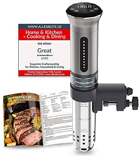 Sous Vide Cooker Machine: 1100 Watt IPX7 Waterproof Water Thermal Immersion Circulator Accurate Temperature Control Digital Display Includes 10 Vacuum Sealer Bags by KitchenBoss