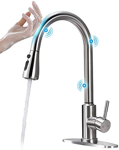 Touch Kitchen Sink Faucets with Pull Down Sprayer, ARRISEA Touch on Kitchen Faucet with Lead-Free and Leak Proof Technology, Smart Brass Touchless Kitchen Faucet with Deck Plate, Brushed Nickel, F19