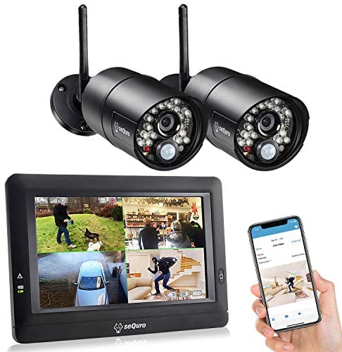 sequro GuardPro Wireless Surveillance Security Camera System Monitor, Weatherproof Outdoor Night Vision HD AC-Powered Camera and Home Surveillance 4CH Monitor DVR Kit with Smartphone Access, 2-cam Kit